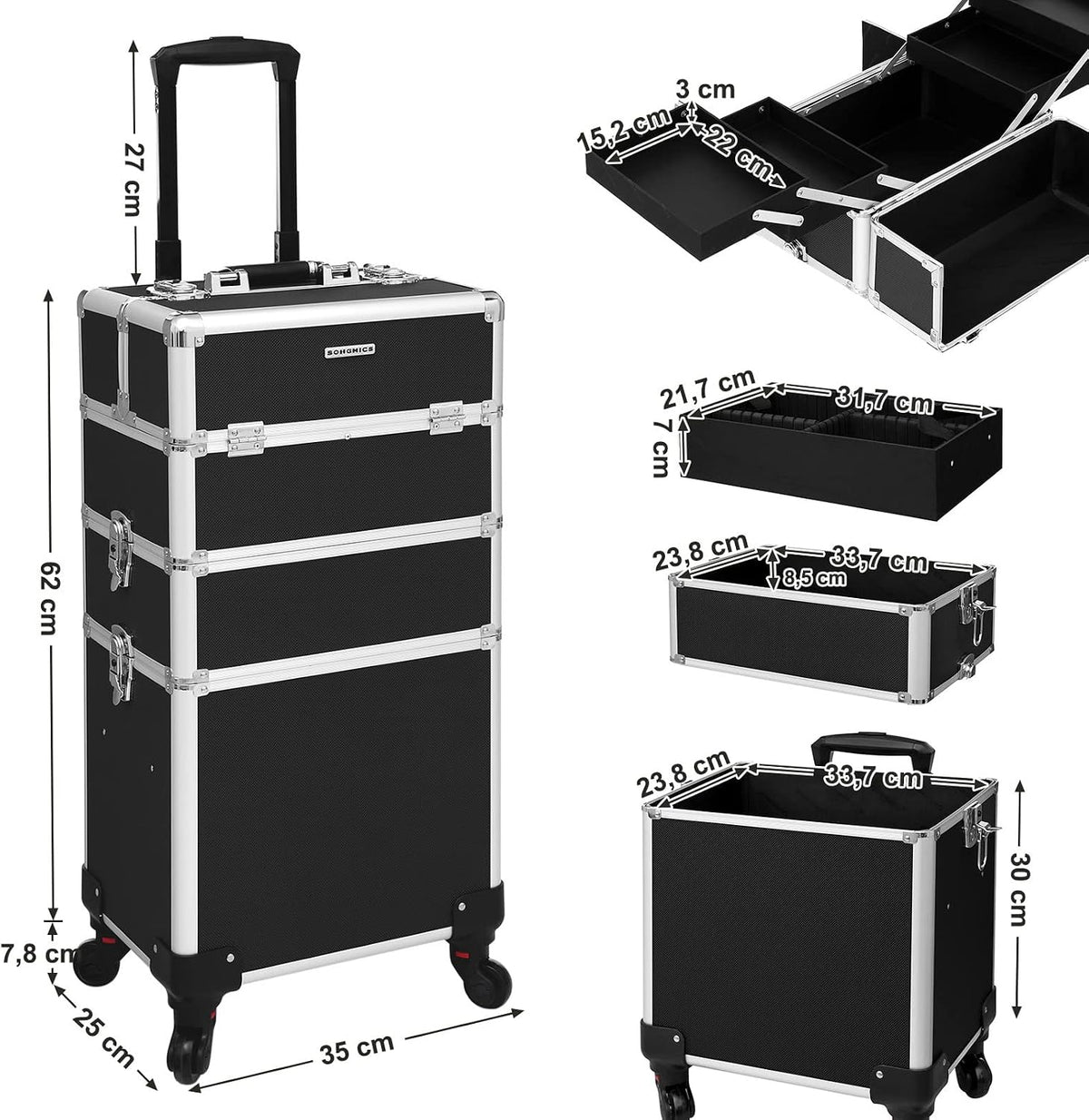Beauty-Trolley Kosmetikkoffer 3 Ebenen 4 Rollen Schwarz von Songmics