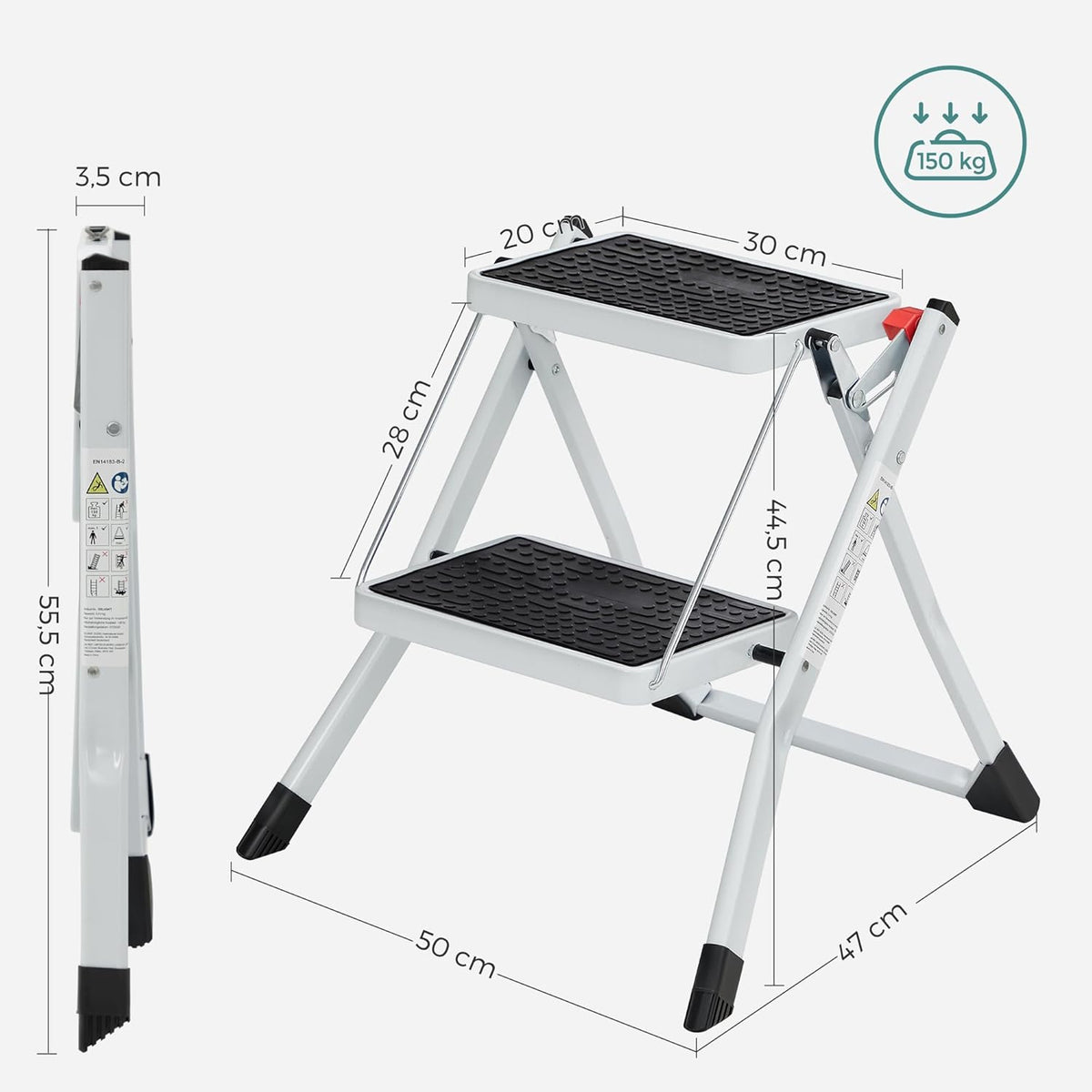 Trittleiter Stahl Klappleiter 150 kg TÜV Weiss von Songmics