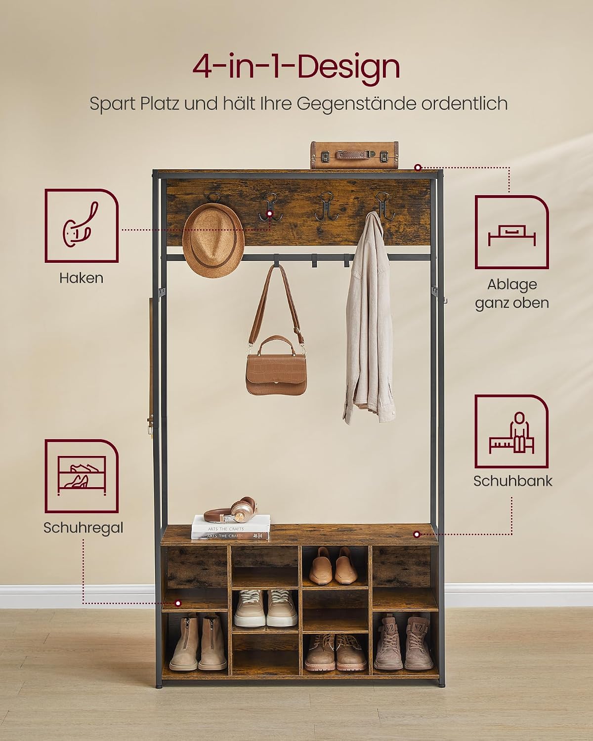 Garderobe mit Sitzbank Schuhablagen 100x32x180 cm Braun von Songmics
