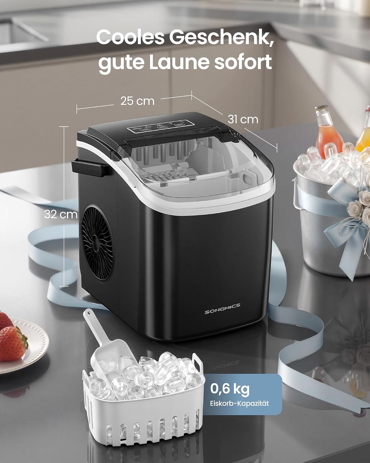 Eiswürfelbereiter 12 kg/24h 9 Würfel 6 Min Schwarz von Songmics