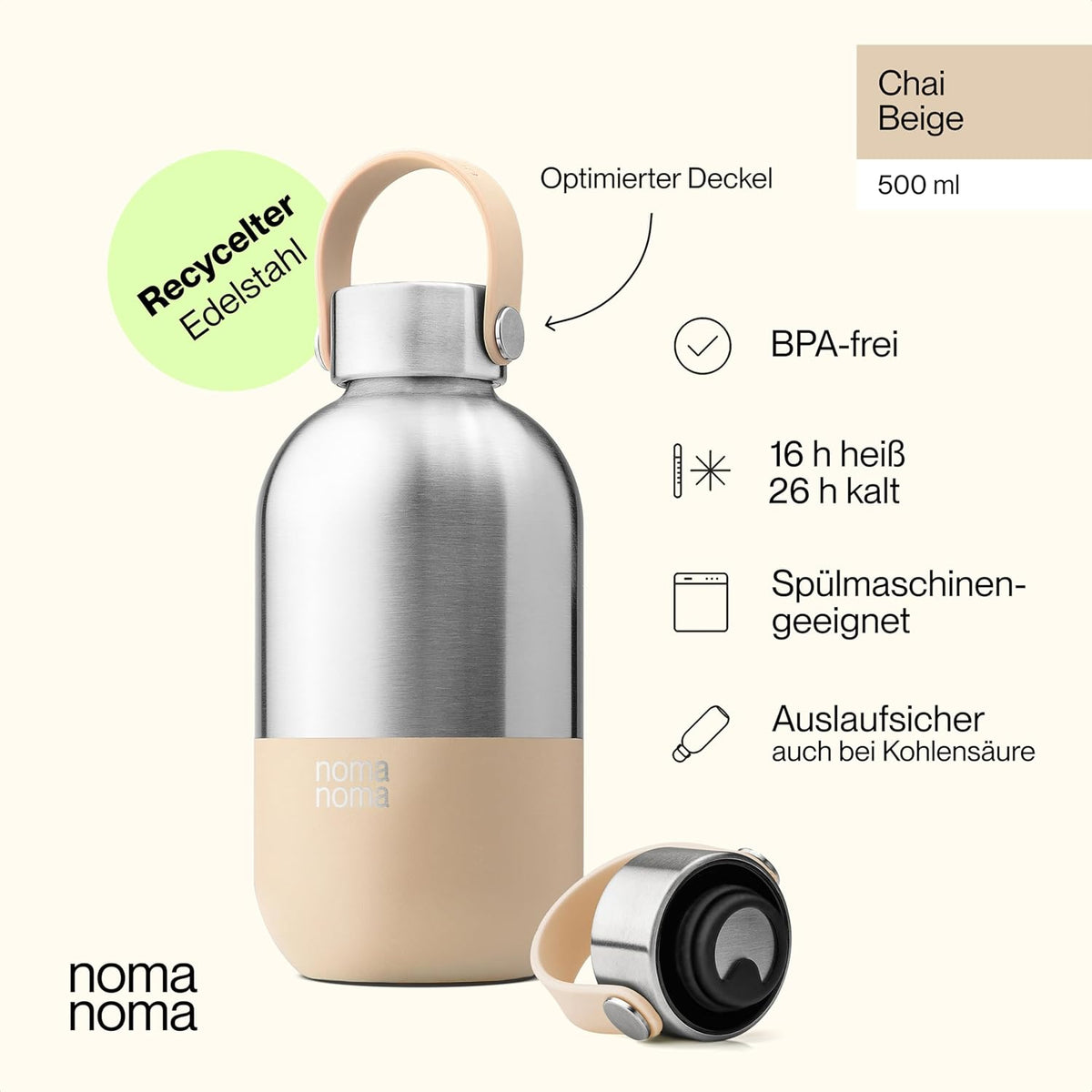 Trinkflasche Edelstahl auslaufsicher 500ml Chai Beige von guteszeug.ch