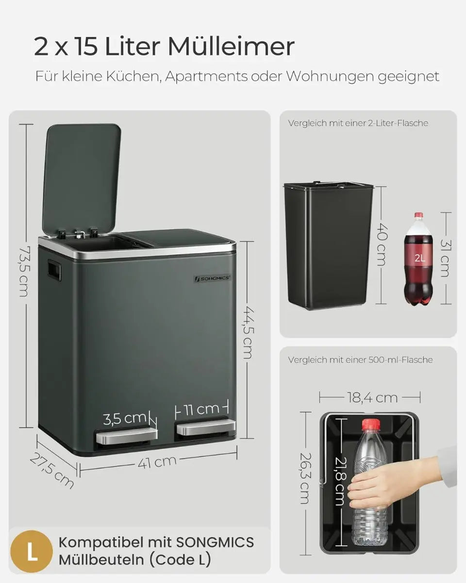 Küchenmülleimer Treteimer 2 x 15 Liter Mülltrennsystem mit 2 Fächern Grüngrau von Songmics
