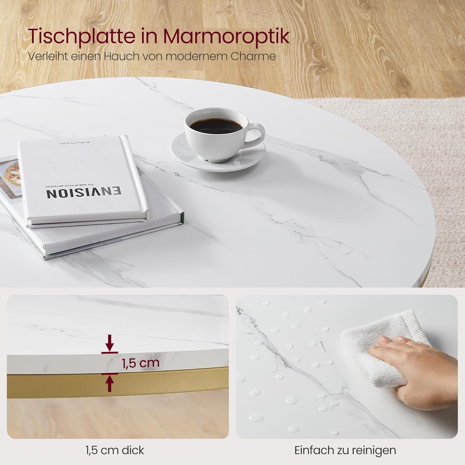 Couchtisch Glasplatte Marmor Optik Wohnzimmer Stauraum Gold von Songmics