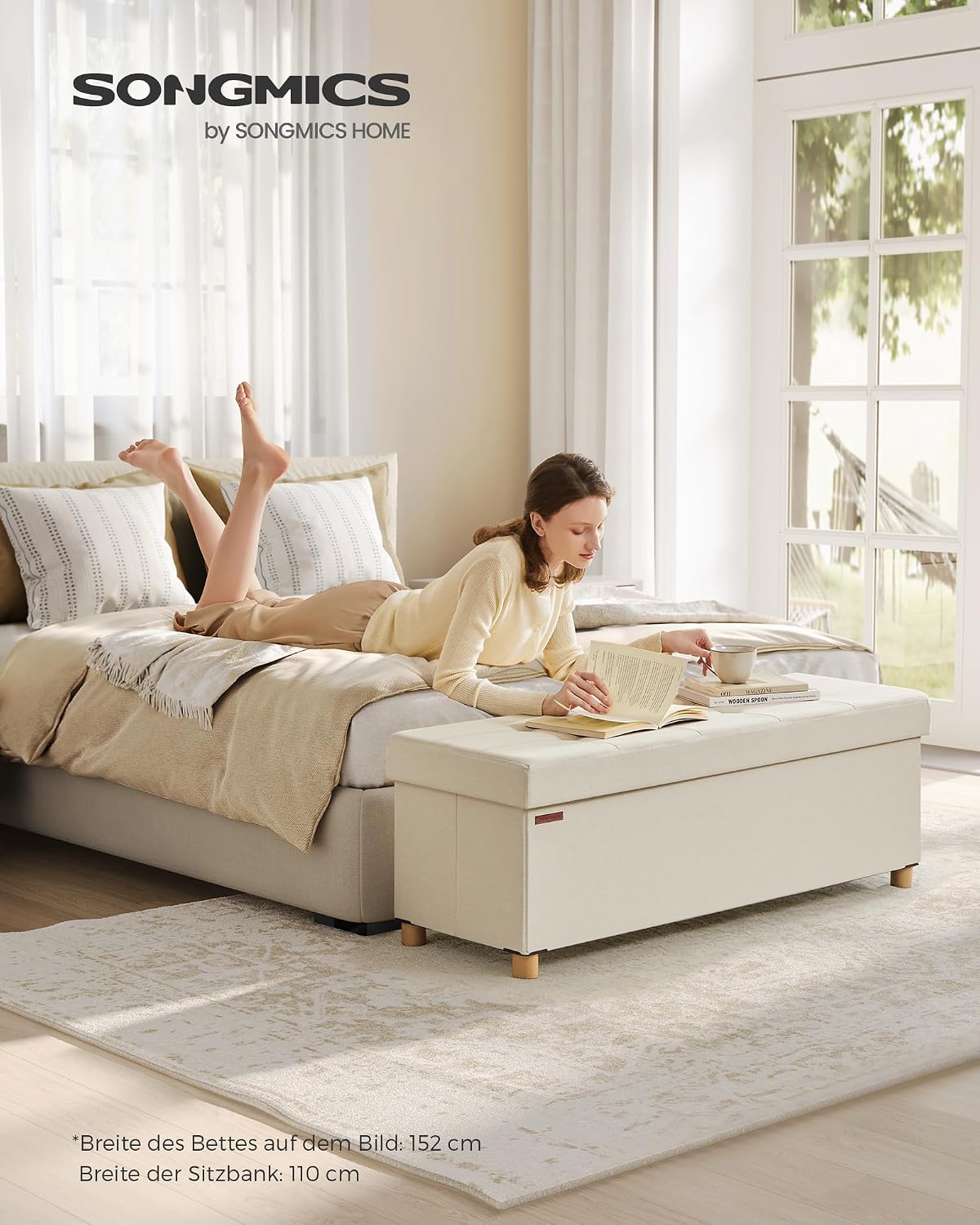 Sitzbank Aufbewahrungsbank 110x38x40 cm Cremeweiss von Songmics