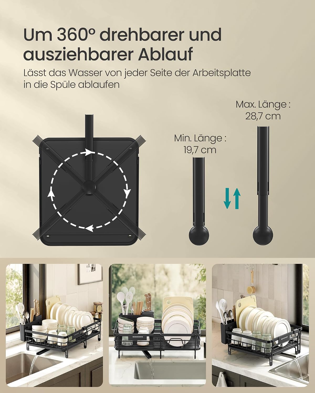Geschirrabtropfgestell ausziehbar 30-46,5 cm Schwarz von Songmics