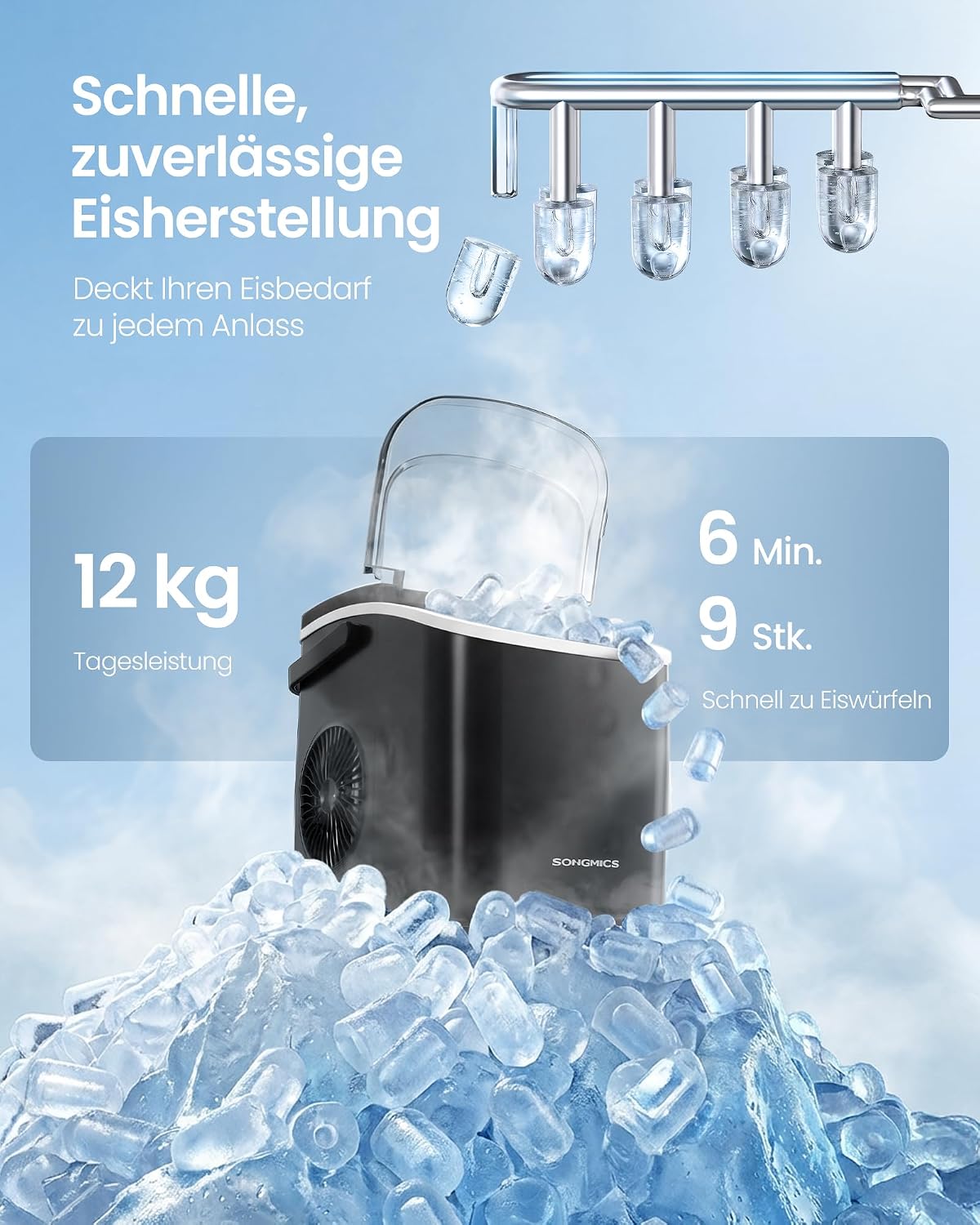Eiswürfelbereiter 12 kg/24h 9 Würfel 6 Min Schwarz von Songmics
