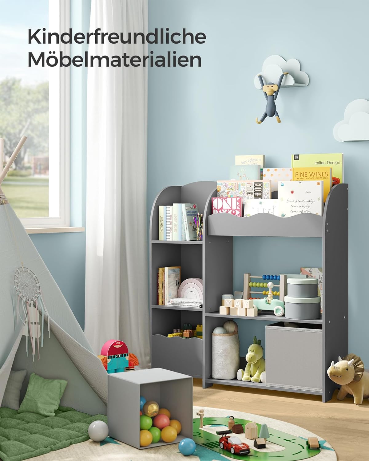 Kinderregal mit 2 Boxen Spielzeug Bücher Aufbewahrung grau von guteszeug.ch