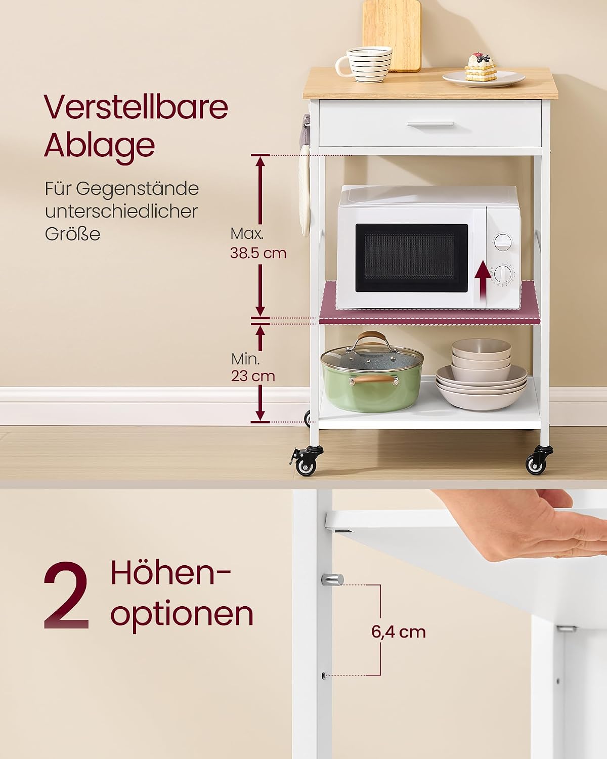 Küchenwagen 60x45x90 cm Rollwagen mit Schublade Weiss von Songmics