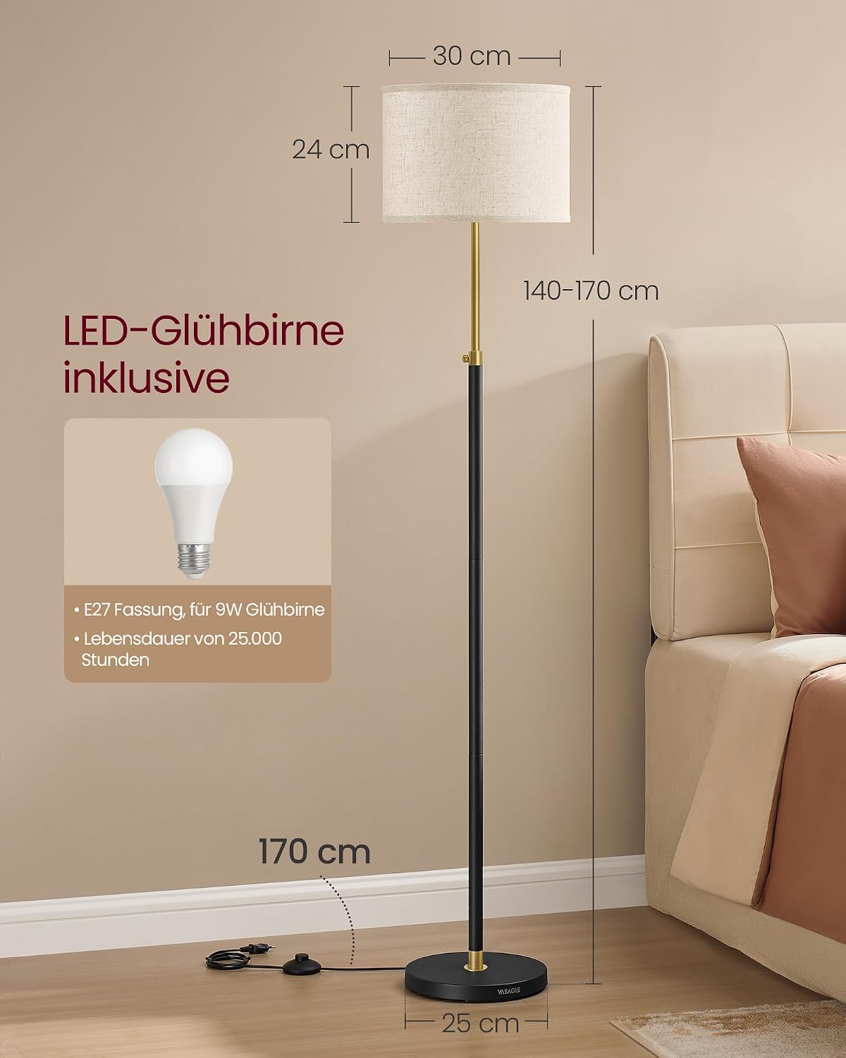 LED-Stehlampe höhenverstellbar 140-171 cm Schwarz E27 von Songmics