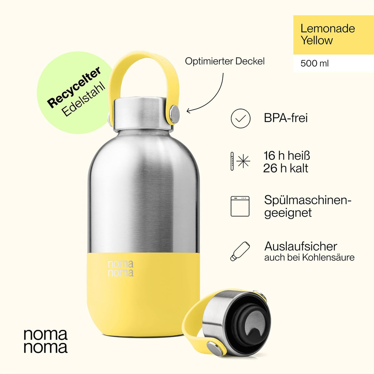 Trinkflasche Edelstahl auslaufsicher 500ml Lemonade Yellow von guteszeug.ch