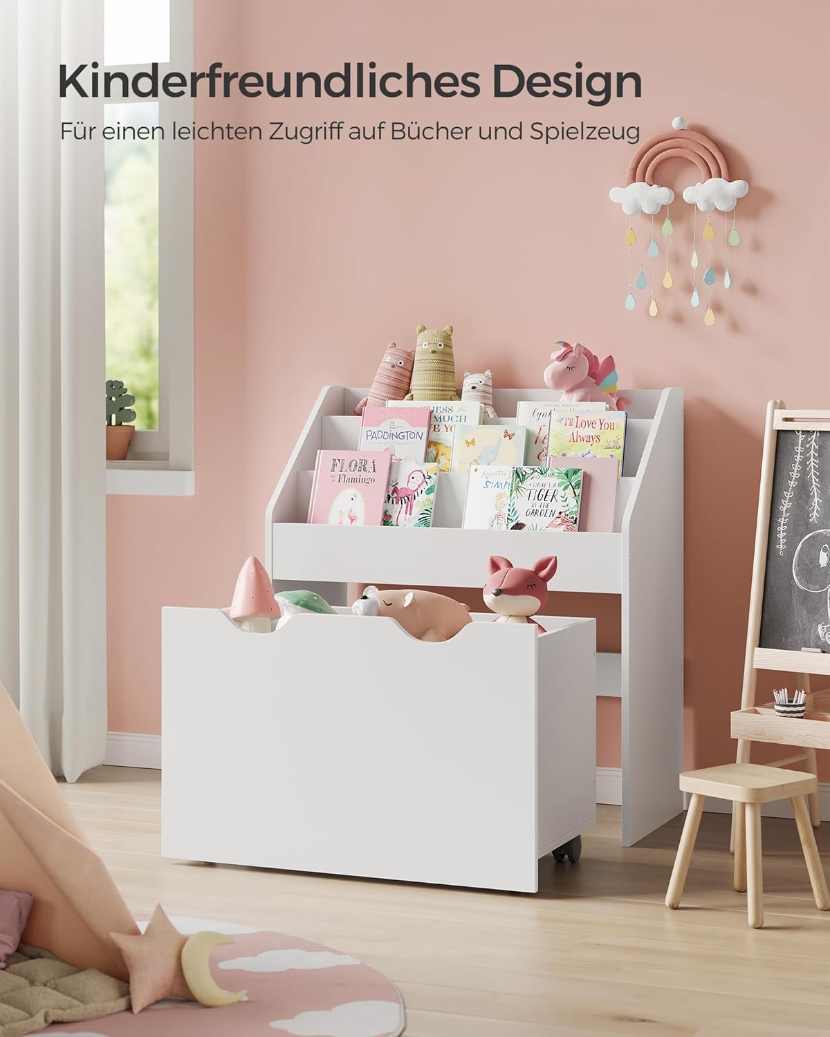 Kinderregal 3 Fächer Spielzeugbox auf Rollen Wolkenweiss von guteszeug.ch