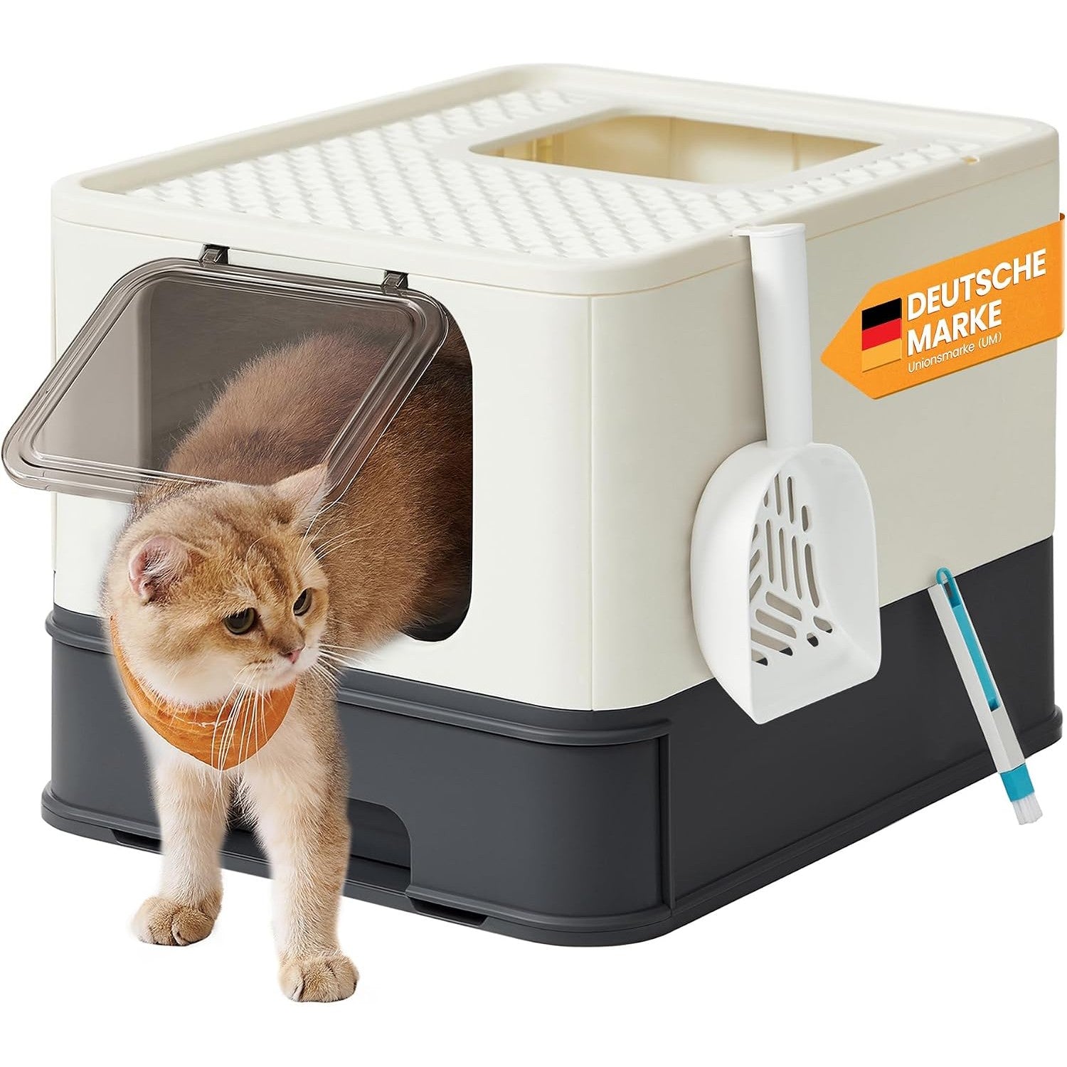 Katzentoilette mit Deckel Schaufel Bürste bis 15 kg beige von Songmics