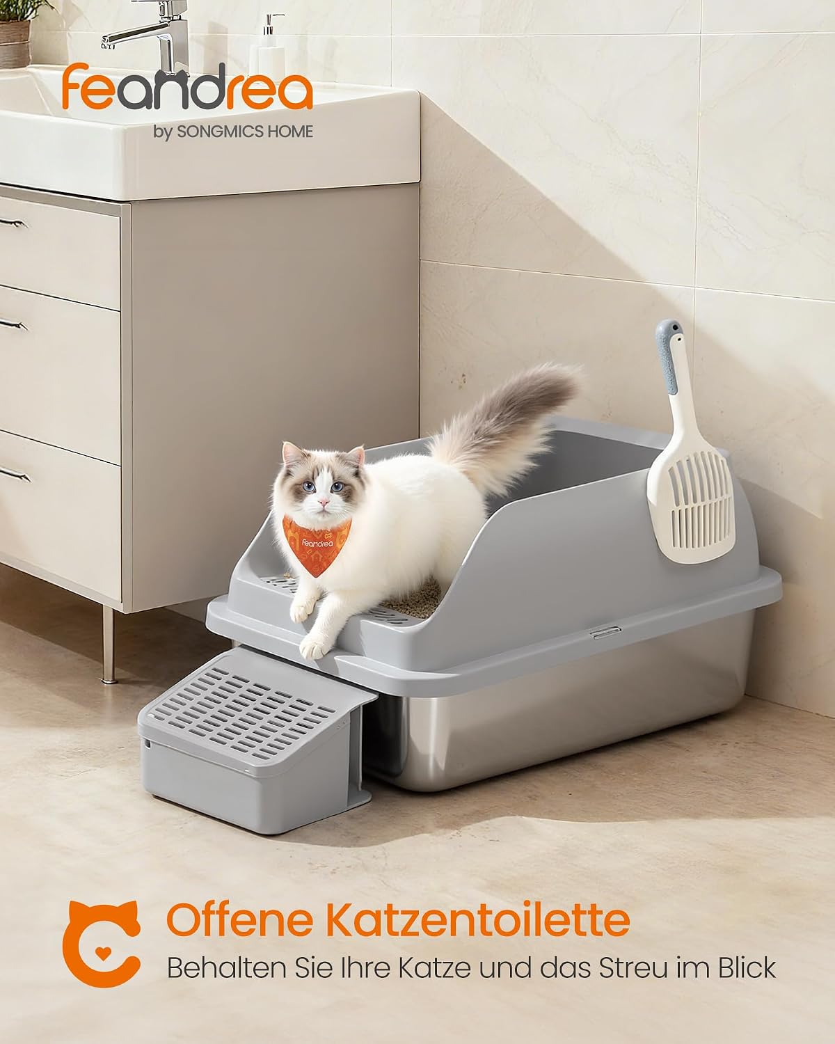 Katzentoilette Edelstahl 62x42x30 cm Schiefergrau von Songmics