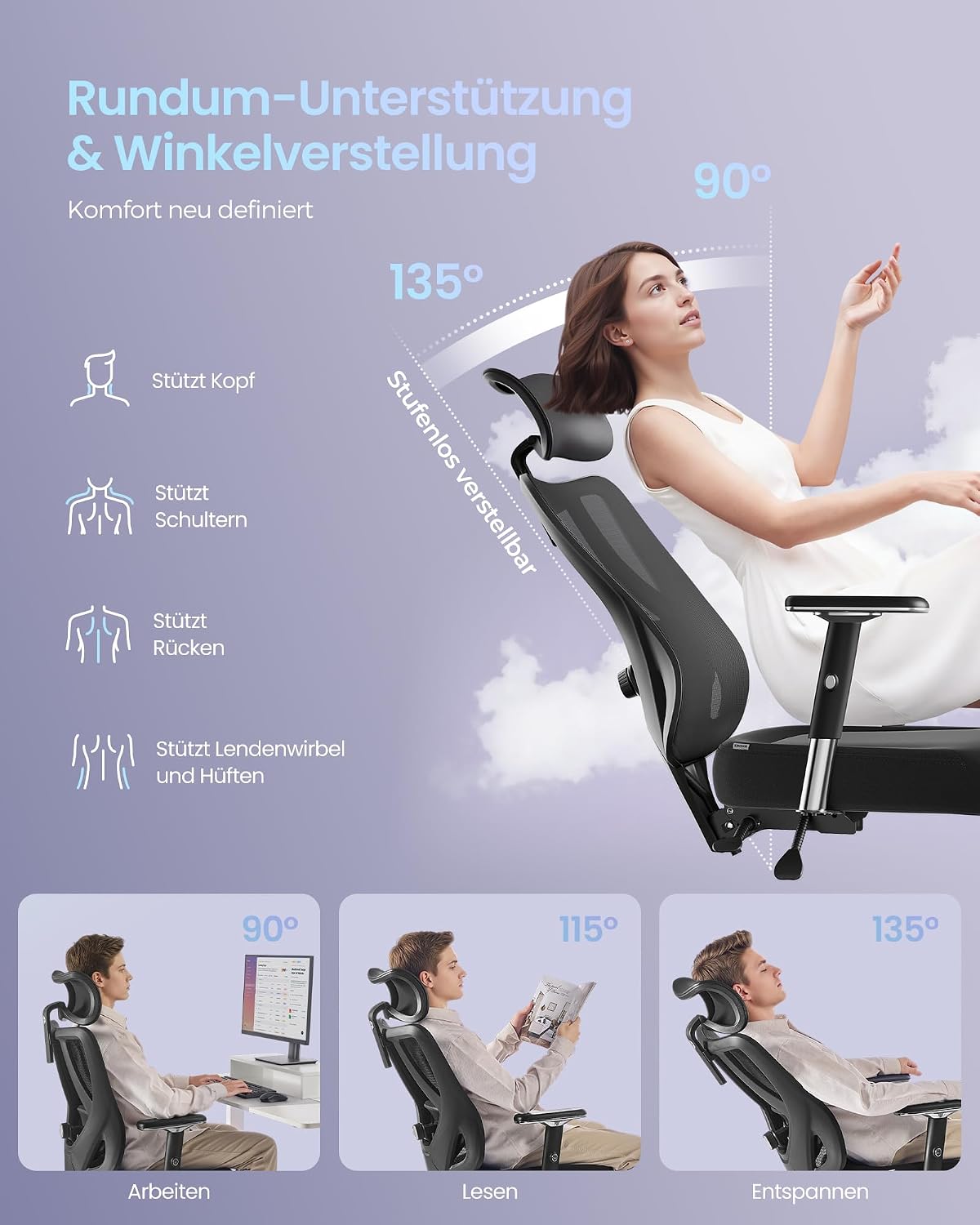 Ergonomischer Bürostuhl mit Kopf- und Lordosenstütze von Songmics