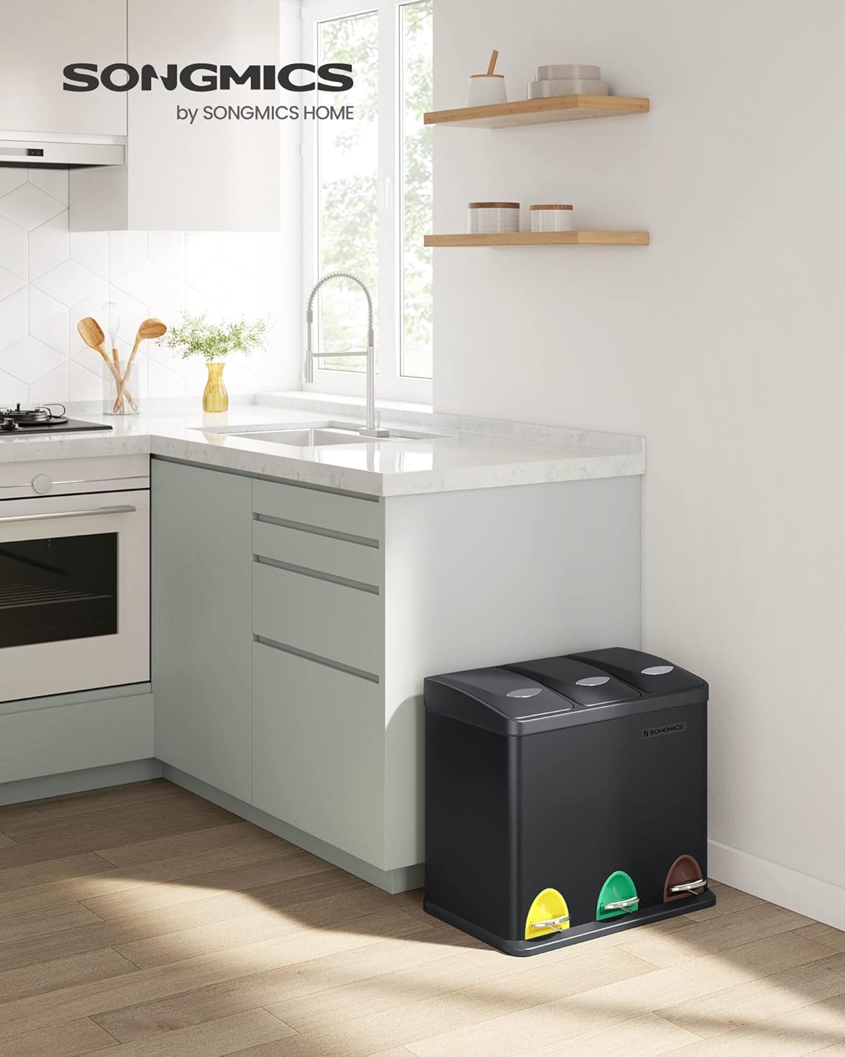 Mülleimer Küche 3x8L Mülltrennung Treteimer mit Deckel von Songmics