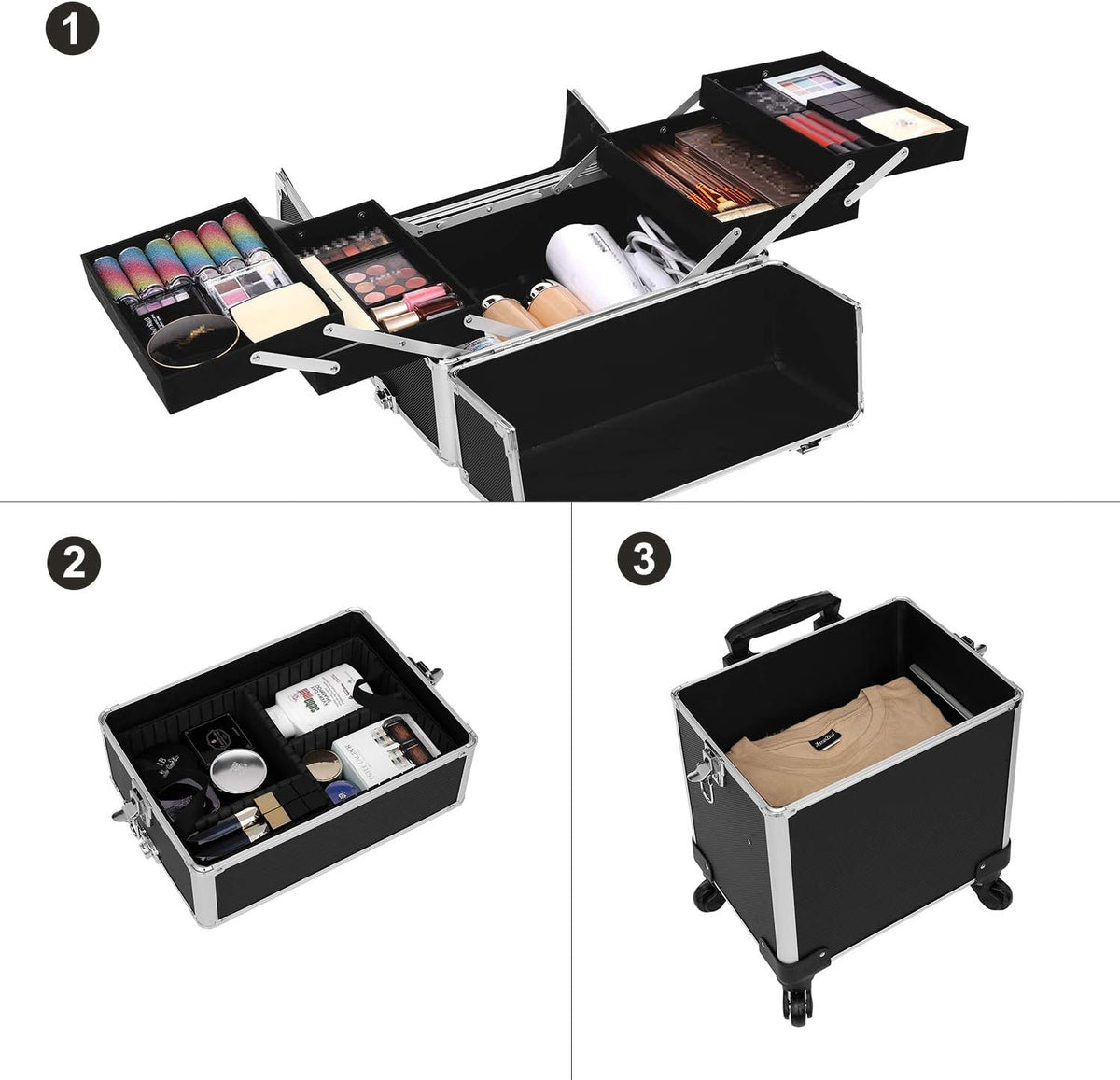 Beauty-Trolley Kosmetikkoffer 3 Ebenen 4 Rollen Schwarz von Songmics