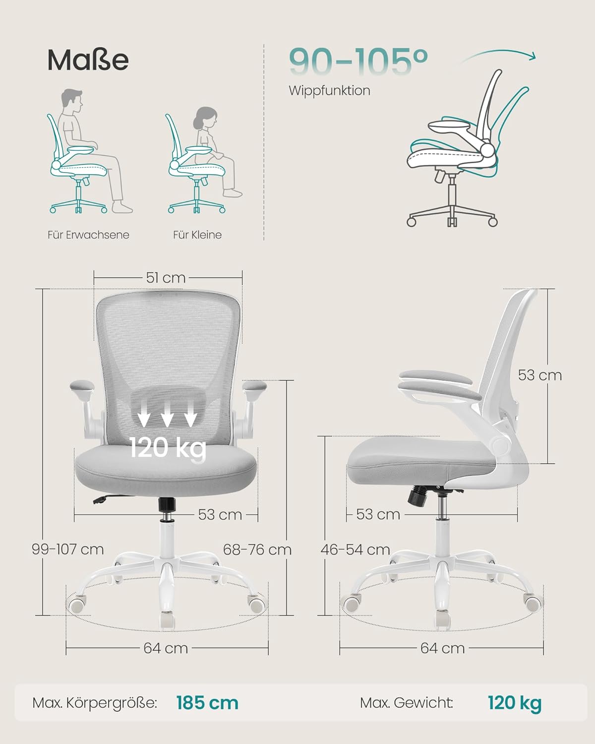 Bürostuhl ergonomisch mit Armlehnen Taubengrau von Songmics