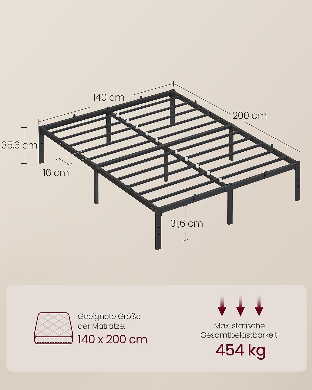Metallbettgestell 140x200 cm Doppelbett Schwarz Stauraum von Songmics