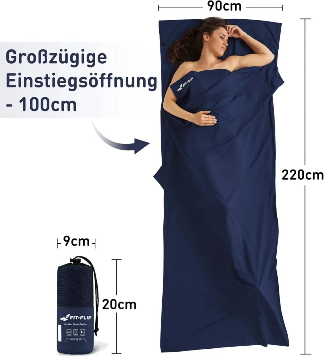 Hüttenschlafsack Mikrofaser ultraleicht mit Kissenfach 90x220cm Marineblau von guteszeug.ch