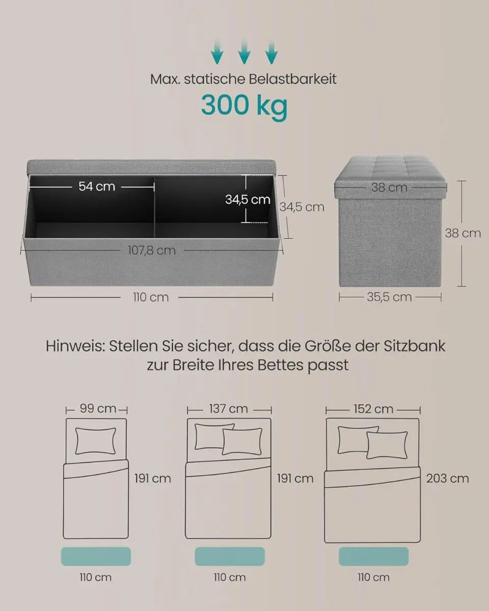 Sitzbank mit Stauraum 110cm Faltbar Leinenimitat Hellgrau von Songmics