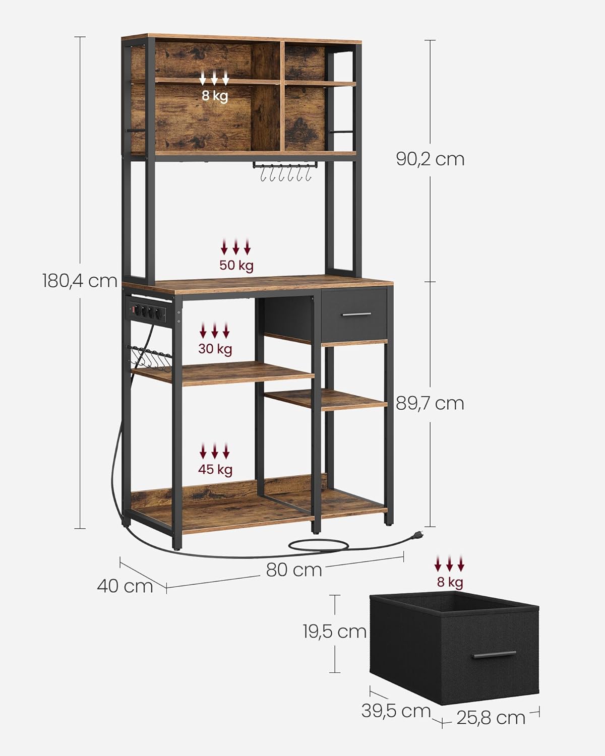 Küchenregal mit Steckdosen Standregal verstellbar 180 cm von Songmics