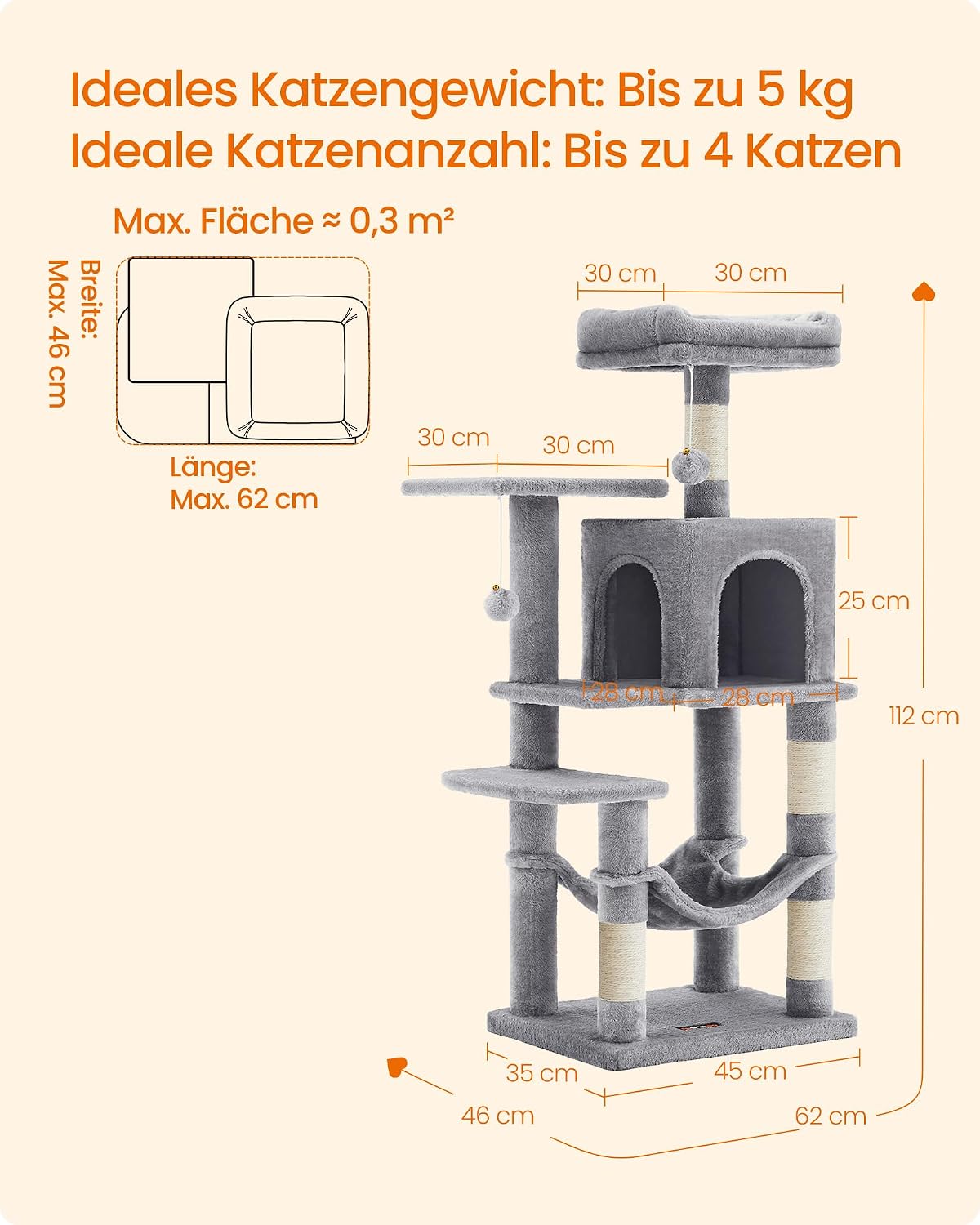 Kratzbaum 112 cm mit Höhle Hängematte und 4 Kratzsäulen von guteszeug.ch