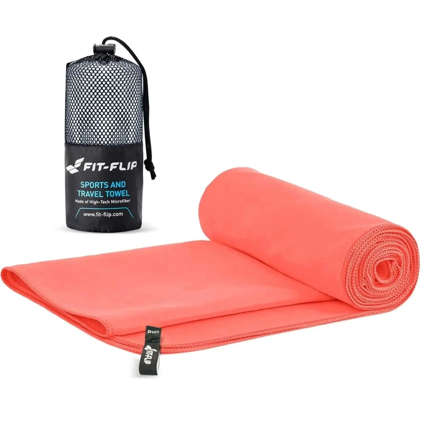 Mikrofaser Handtuch schnelltrocknend mit Tasche 70x140cm Neon - Pfirsich von Fit-Flip