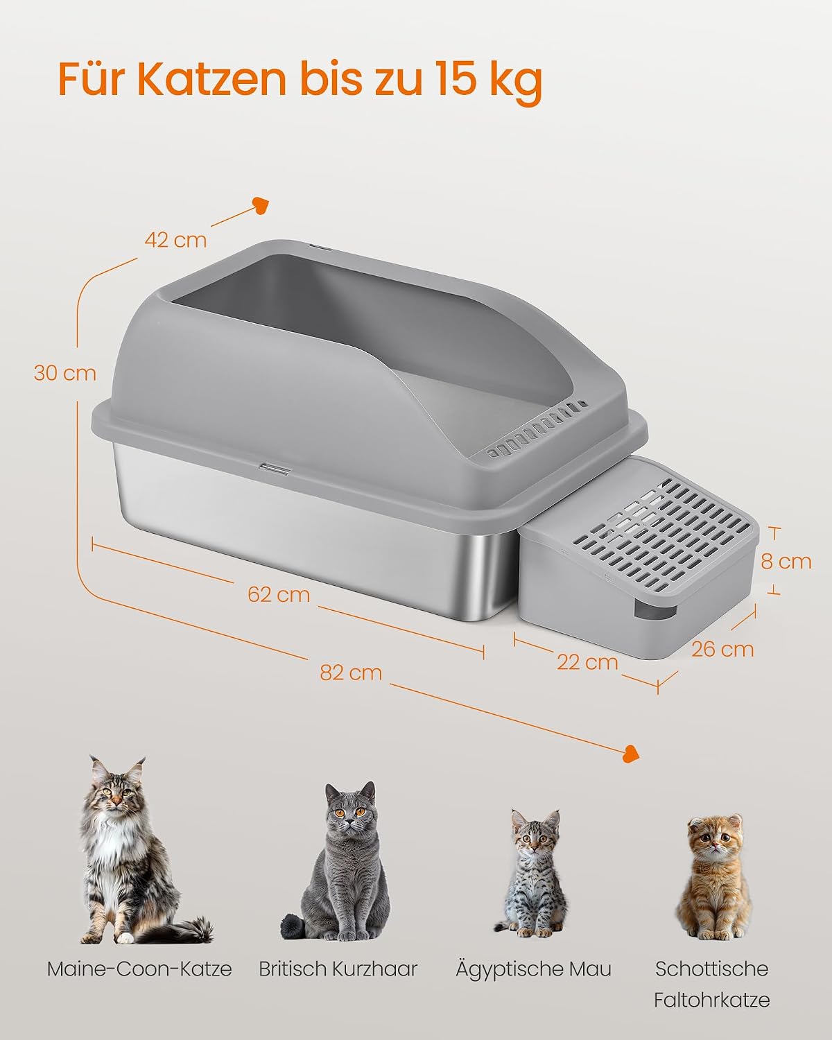Katzentoilette Edelstahl 62x42x30 cm Schiefergrau von Songmics
