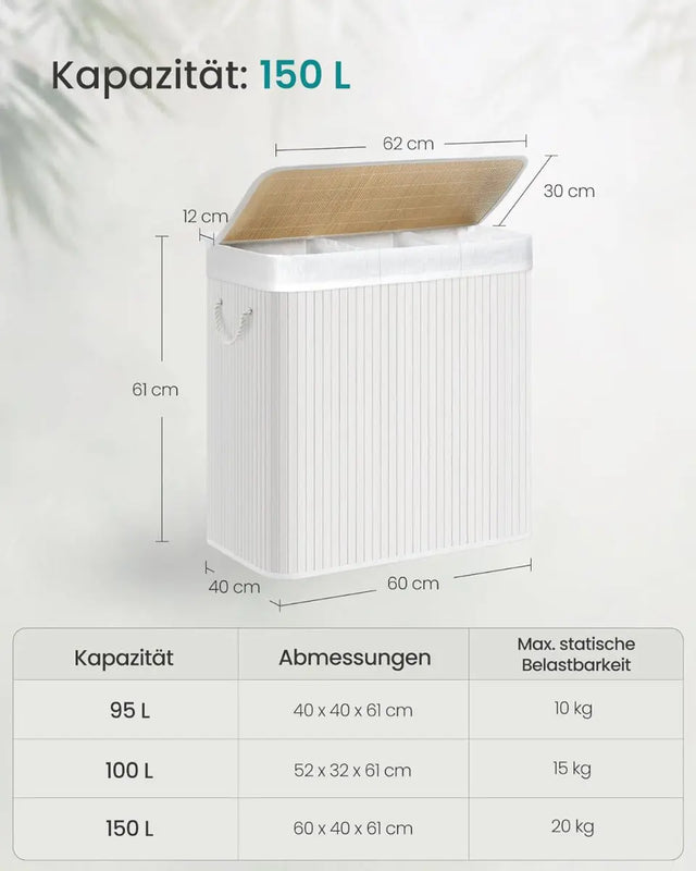 Wäschekorb Wäschebox Bambus 3 Fächer faltbar mit Griffen von Songmics