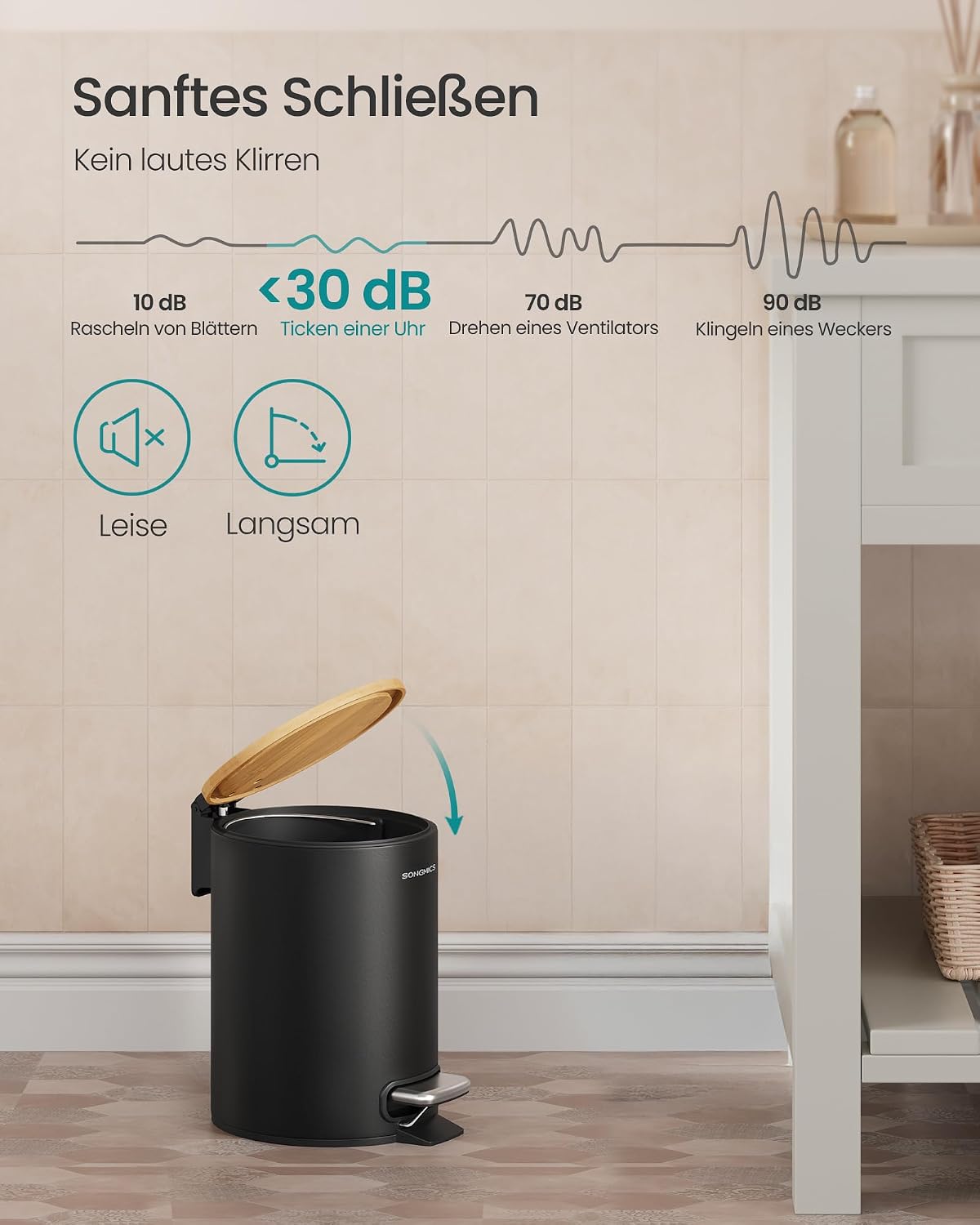 Mülleimer 3 l Pedaleimer Soft-Close Bambus schwarz von Songmics