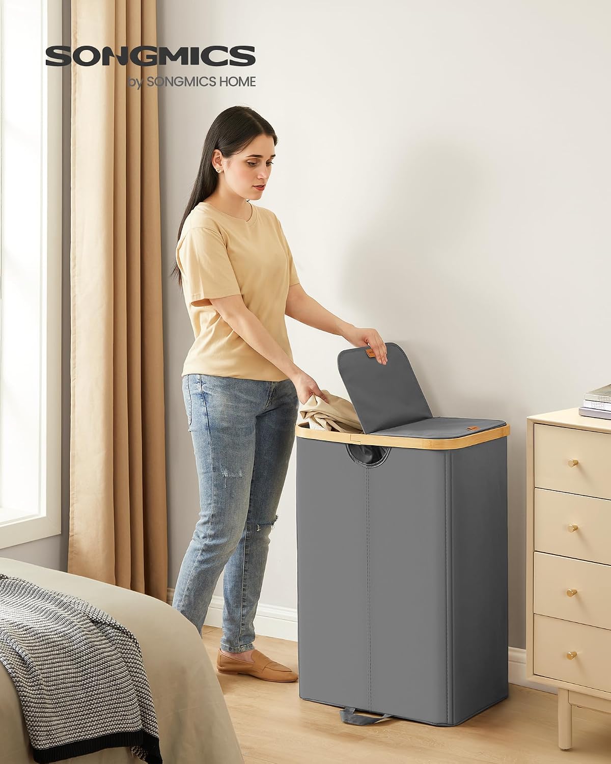 Wäschekorb 2 Fächer 150 l 52x38x75 cm Grau Beige von Songmics
