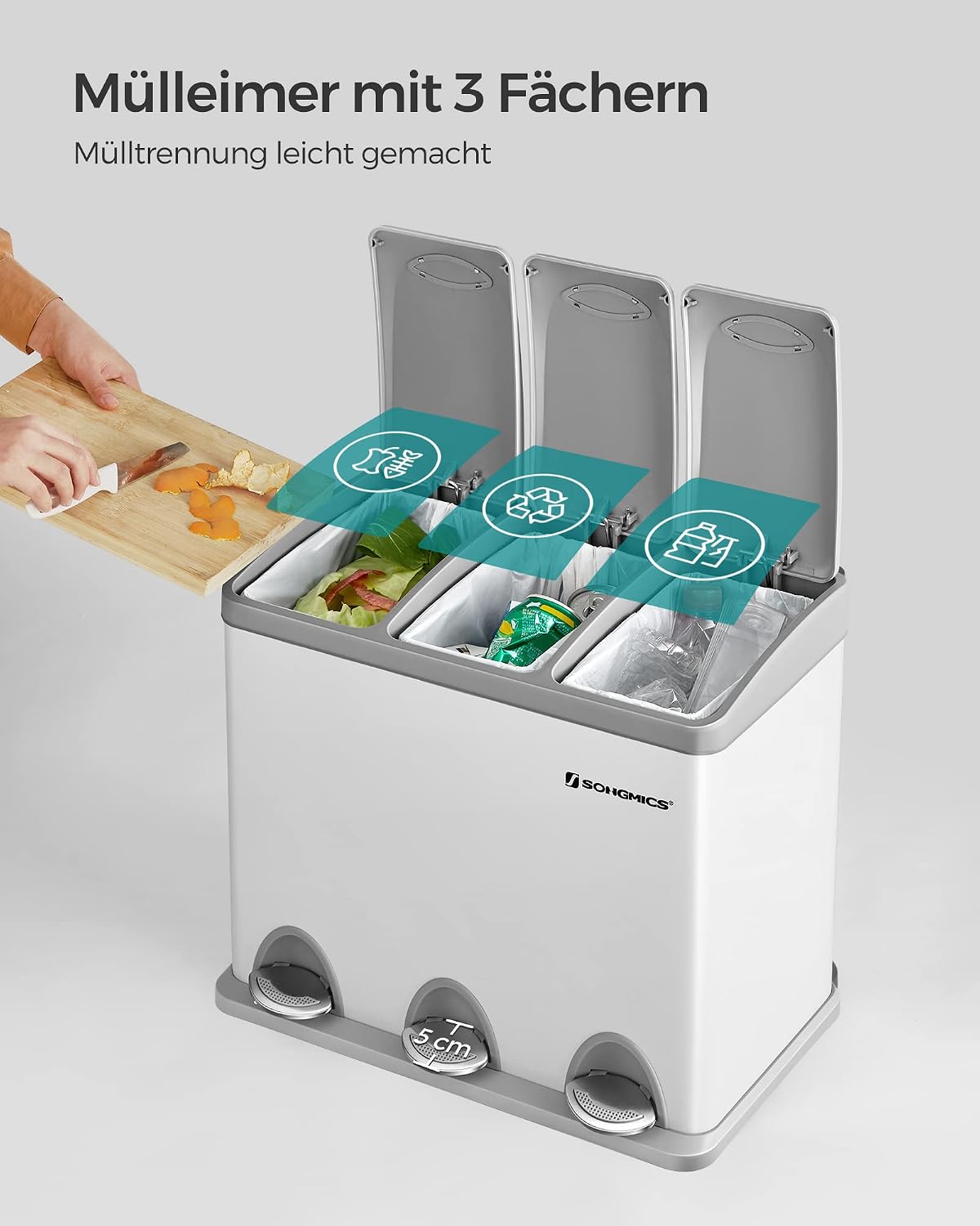 Mülltrenner 3 Fächer 24 l Tretmülleimer Weiss von Songmics