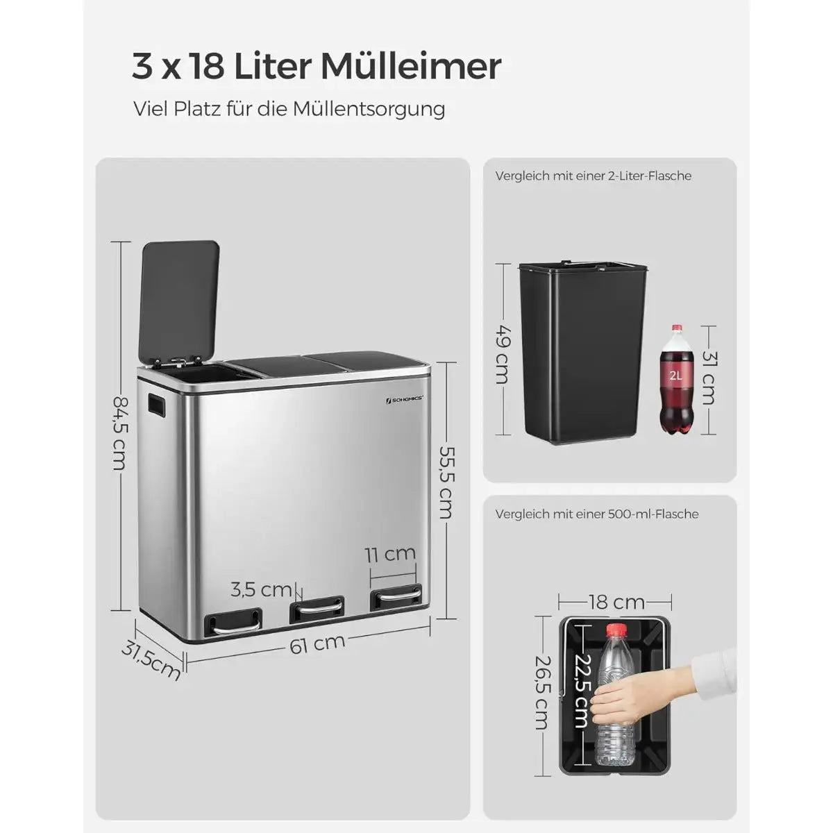 Mülleimer Küche Mülltrennsystem 3 Fächer Silber von Songmics