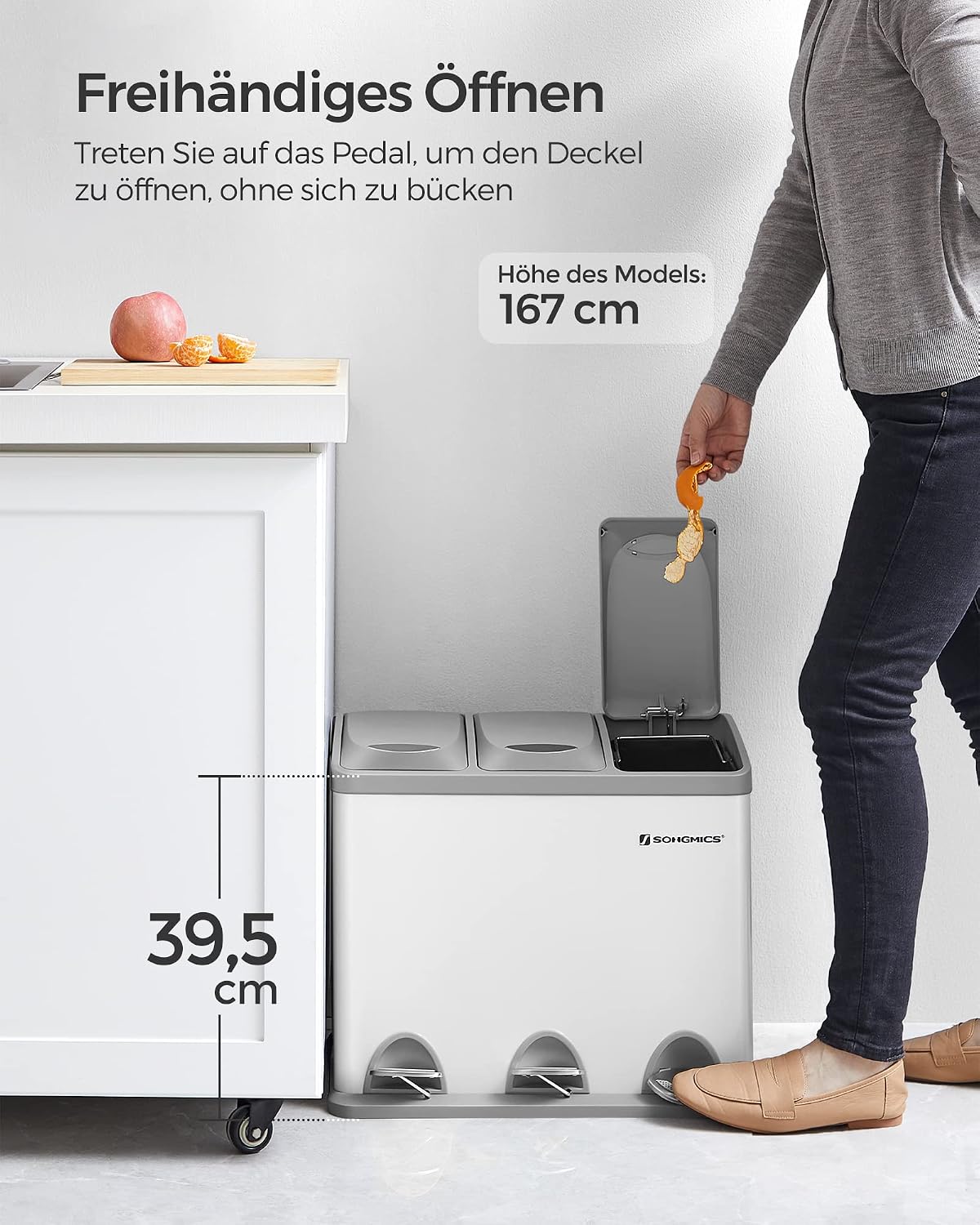 Mülltrenner 3 Fächer 24 l Tretmülleimer Weiss von Songmics