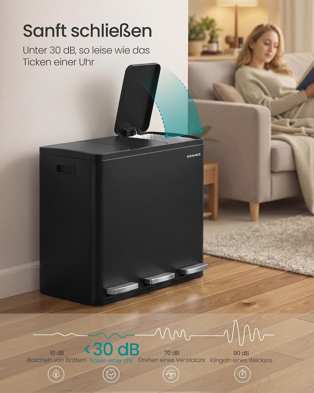 Mülltrennsystem 3 Fächer 54 l Treteimer Schwarz von Songmics