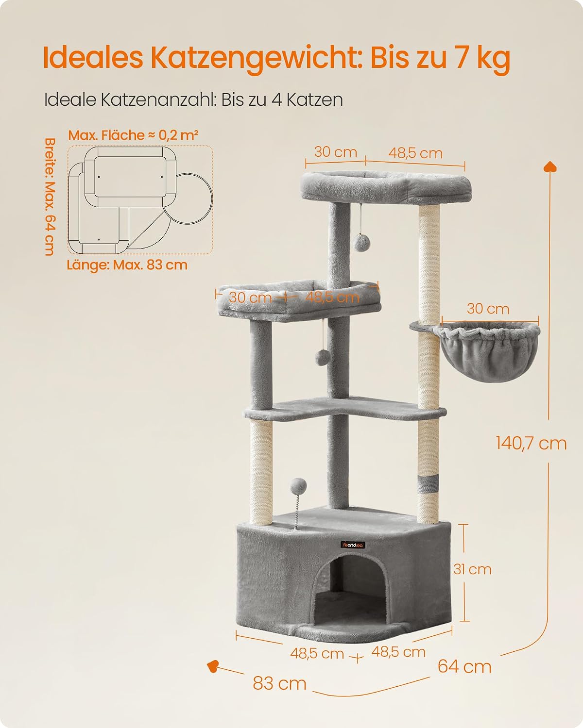 Kratzbaum 141 cm für grosse Katzen Taubengrau von Songmics