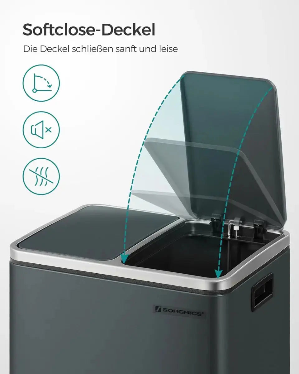 Küchenmülleimer Treteimer 2 x 15 Liter Mülltrennsystem mit 2 Fächern Grüngrau von Songmics