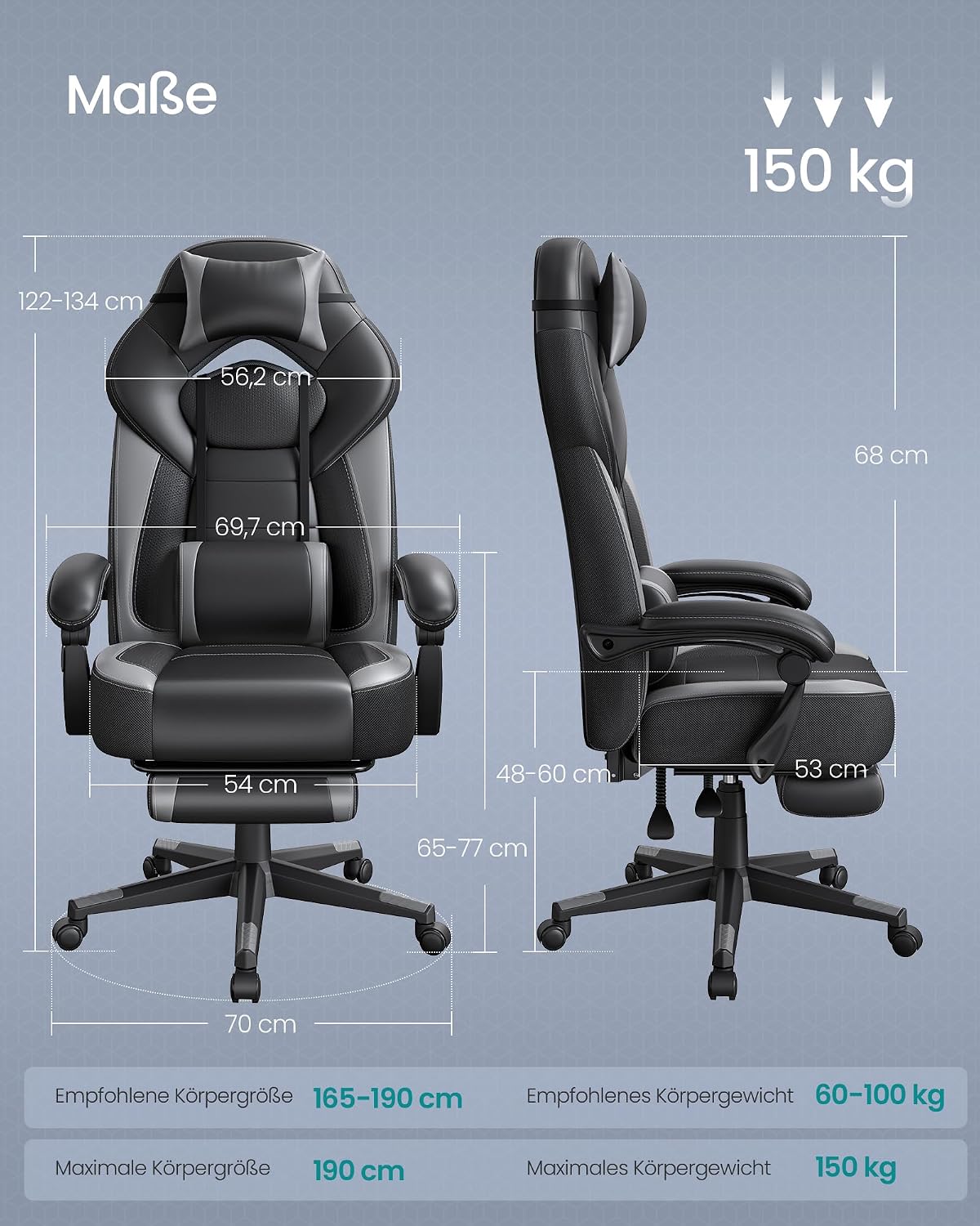 Gamingstuhl Bürostuhl mit Fussstütze Schwarz Grau von Songmics