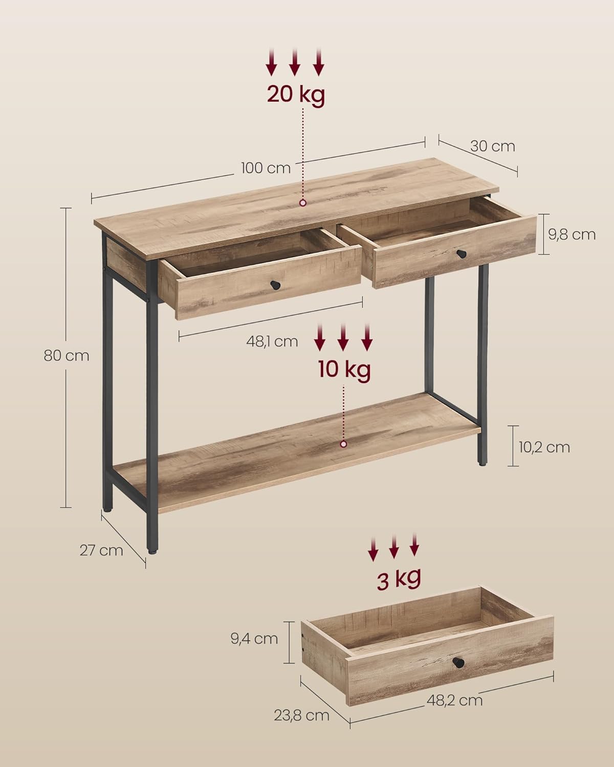Konsolentisch mit 2 Schubladen Industrie Design Stahlgestell von Songmics