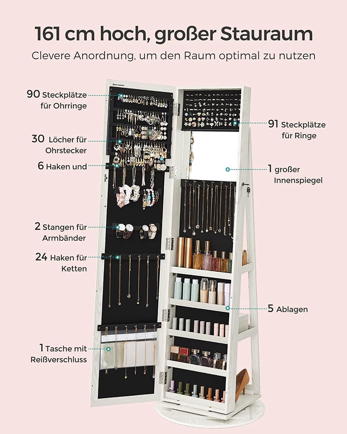 Schmuckschrank Standspiegel drehbar abschließbar weiß grau von Songmics