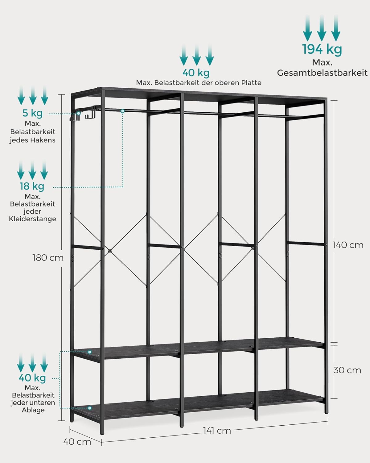 Offener Kleiderschrank mit Stange Haken Ablagen 180 cm von Songmics