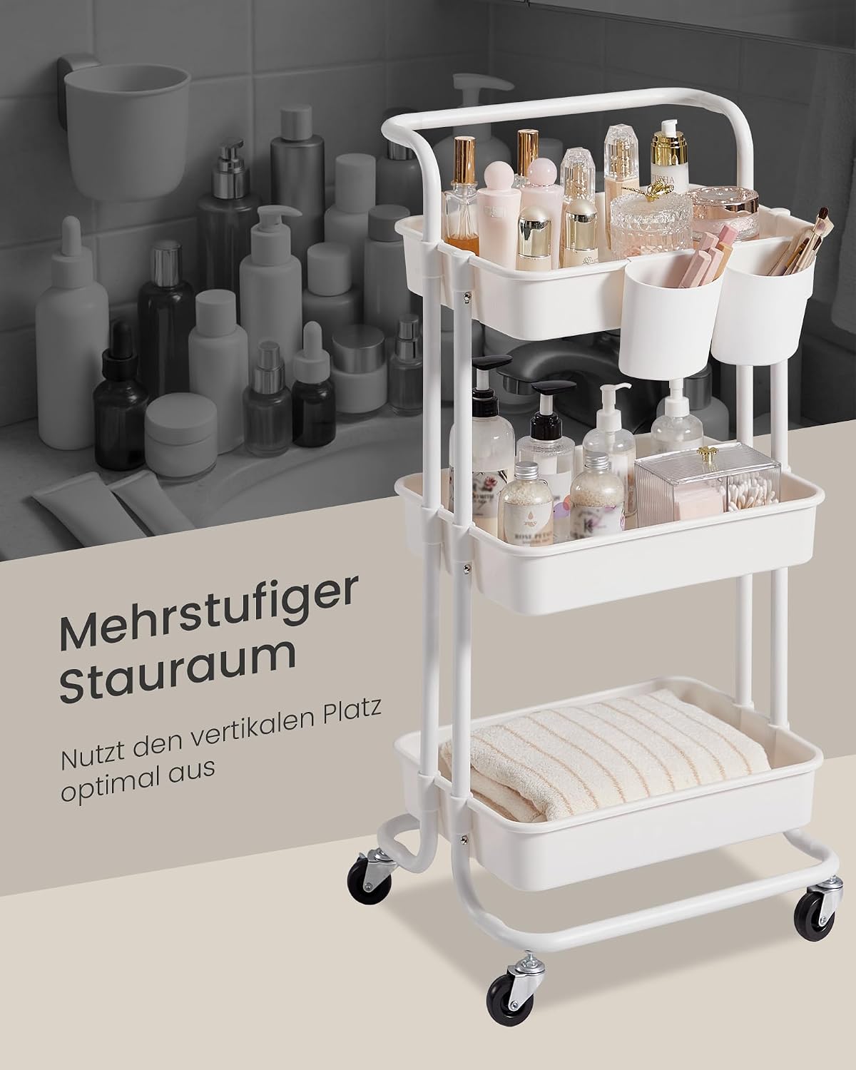 Rollwagen 3 Ablagen 2 Hängefächer 86 cm Weiss von Songmics