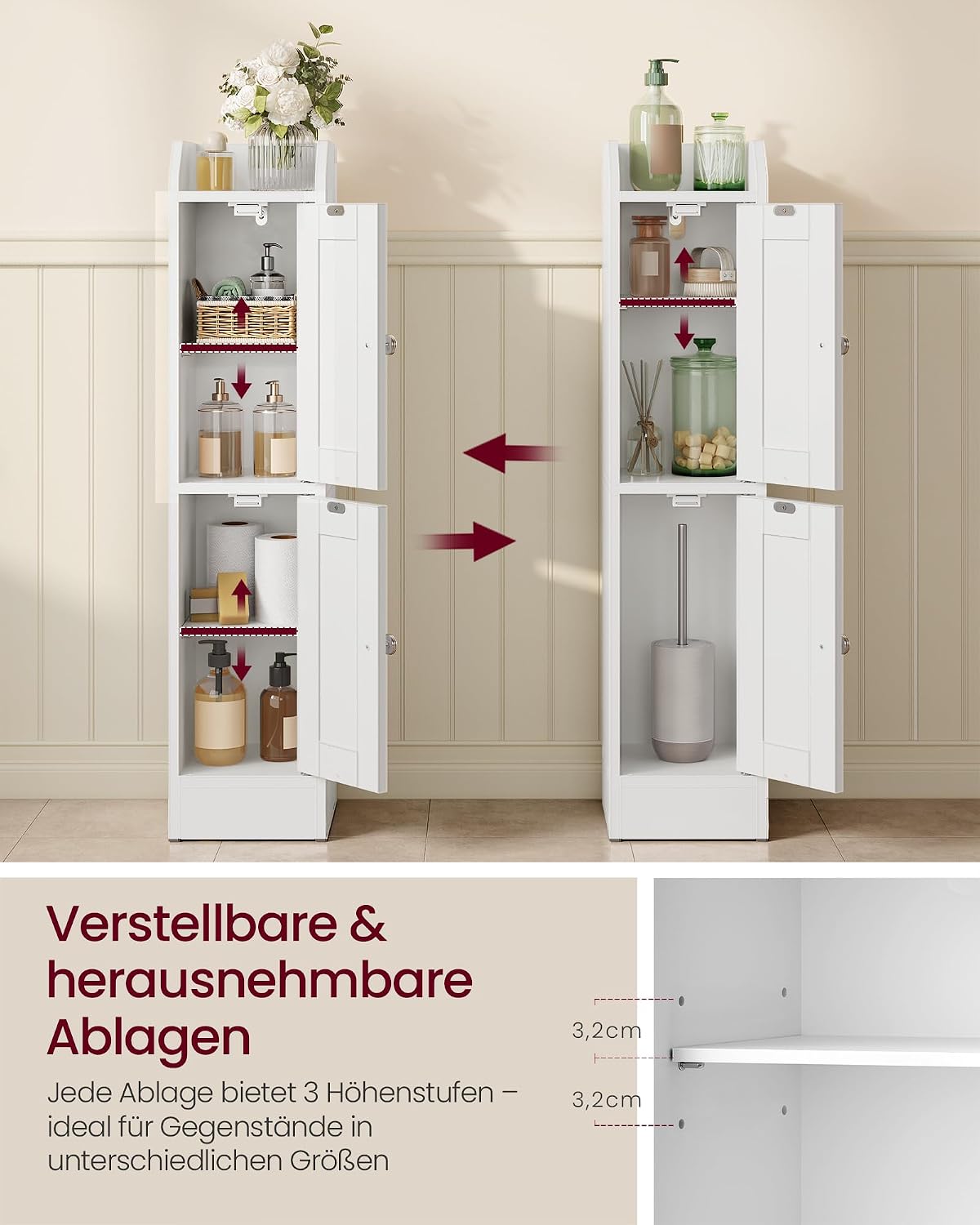 Badschrank Nischenschrank 2 Türen 20x18x80 cm Wolkenweiss von Songmics