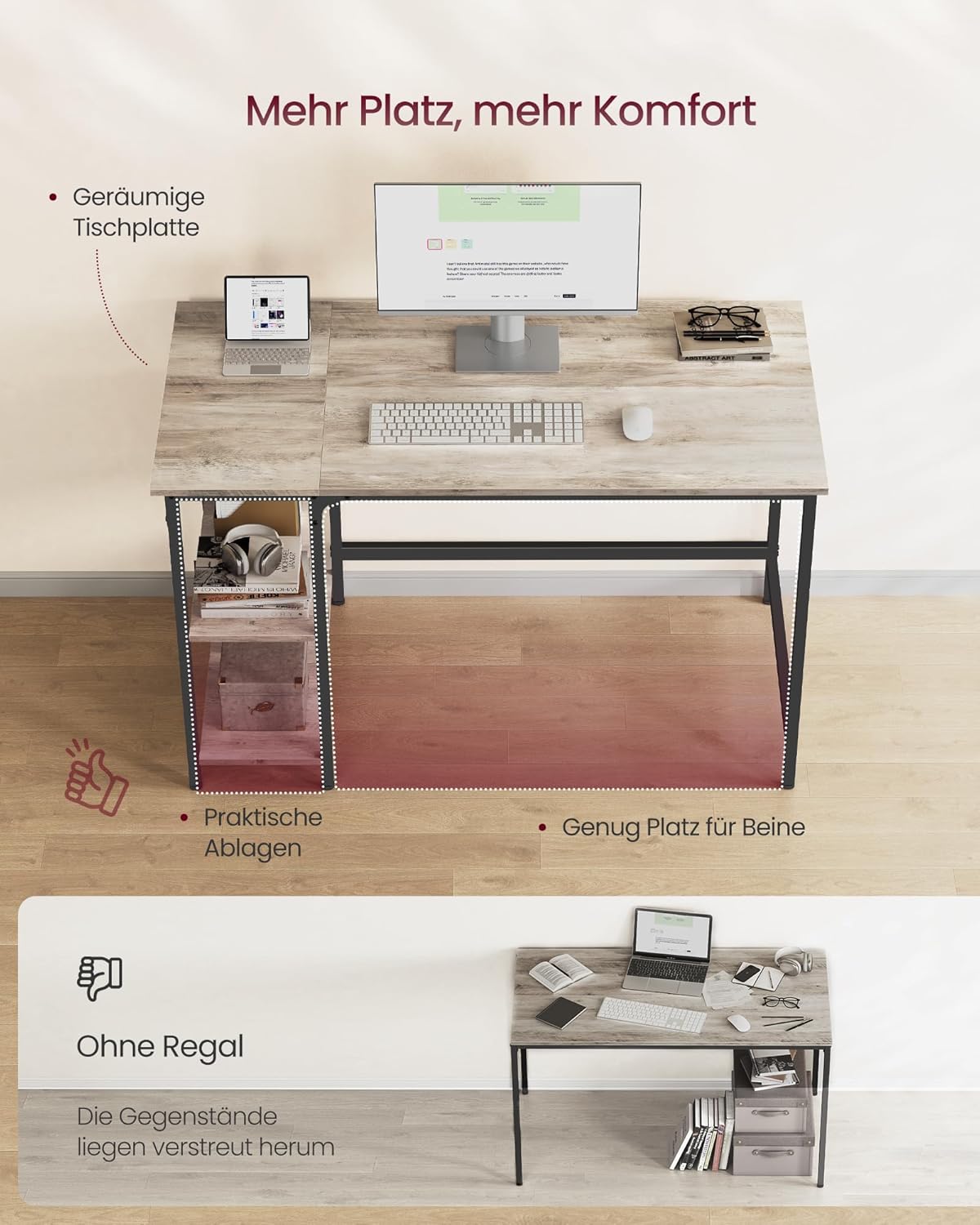 Computertisch 120x60cm Bürotisch Schreibtisch Greige-Schwarz von Songmics