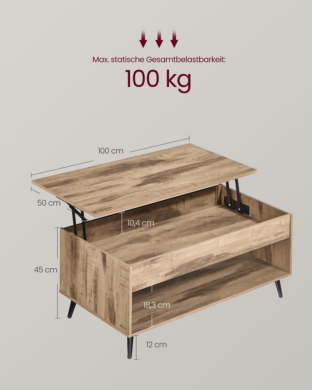 Couchtisch Lift-Top höhenverstellbar Kamelbraun 100x50x45 cm von Songmics