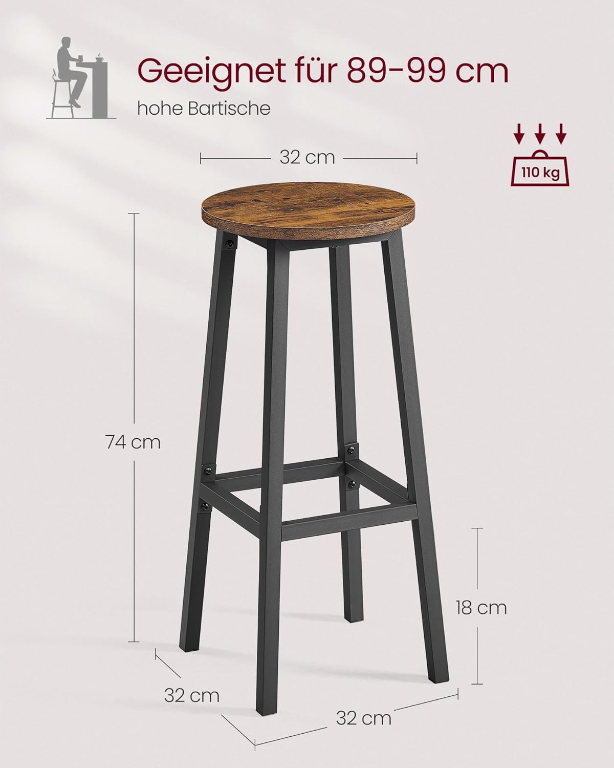 Barhocker 2er Set 74cm Küche Wohnzimmer Fußstütze Metall von Songmics