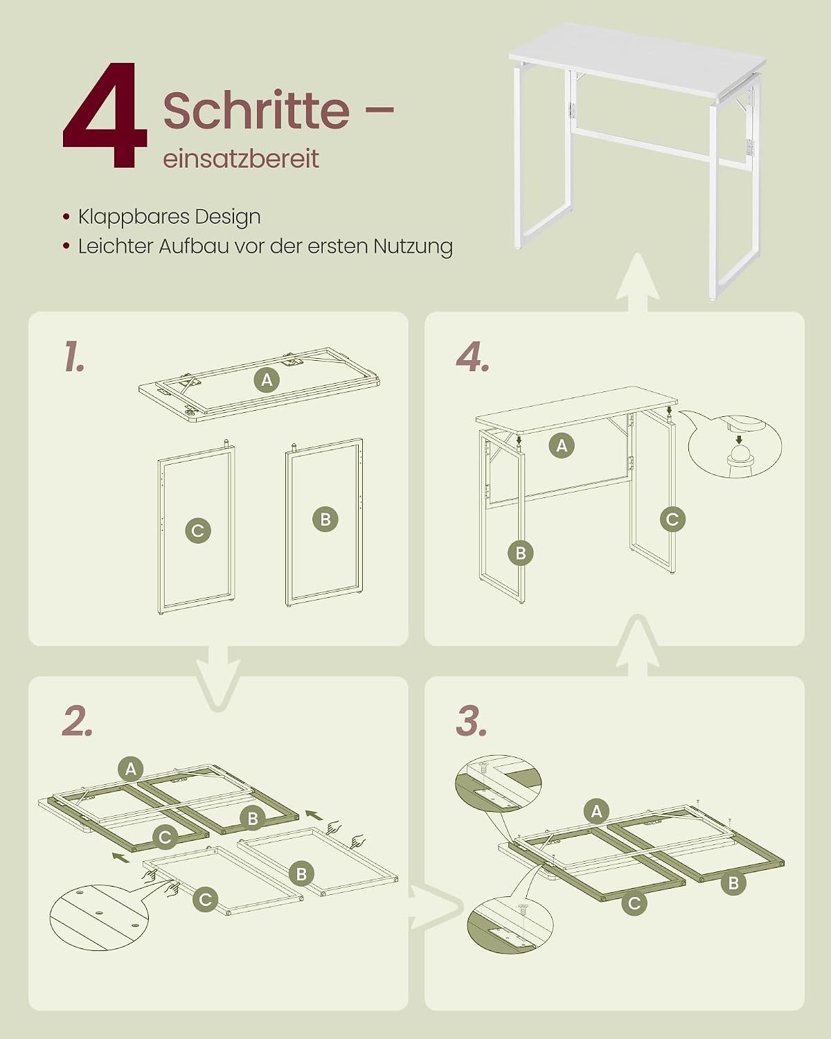 Klappbarer Computertisch Schreibtisch 80x40x74 cm Schneeweiss von Songmics