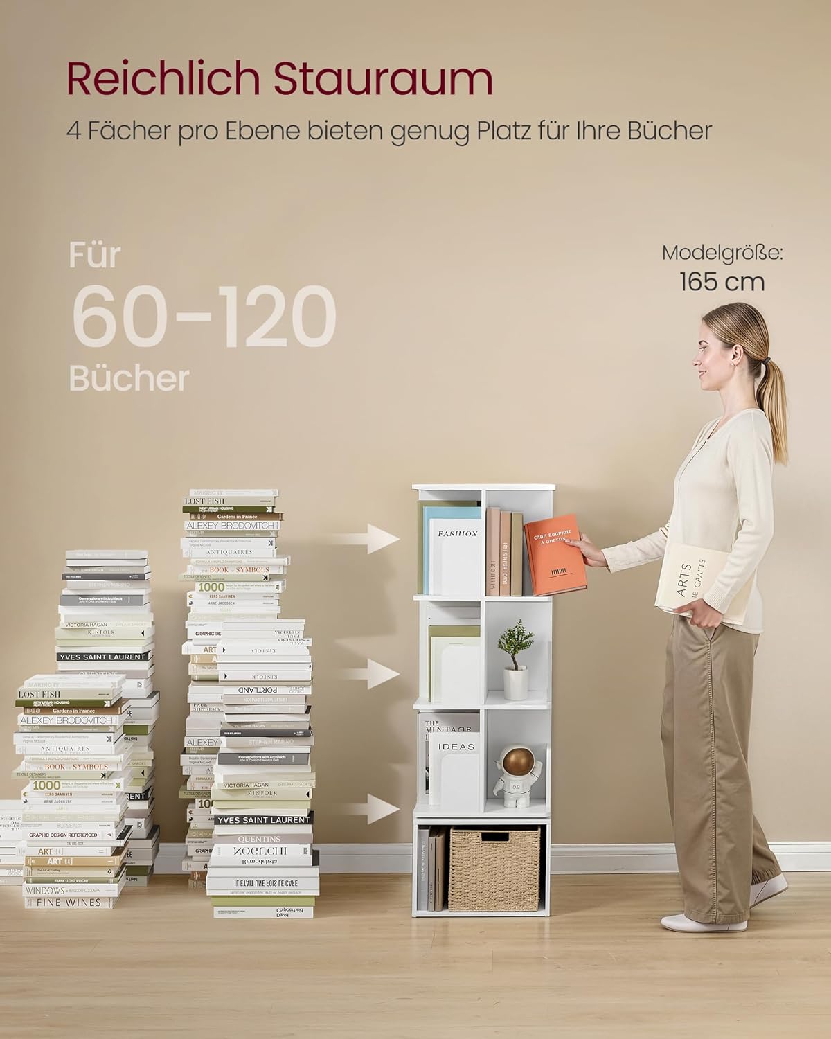 Drehbares Bücherregal 4 Ebenen 40x40x125 cm Weiß von Songmics