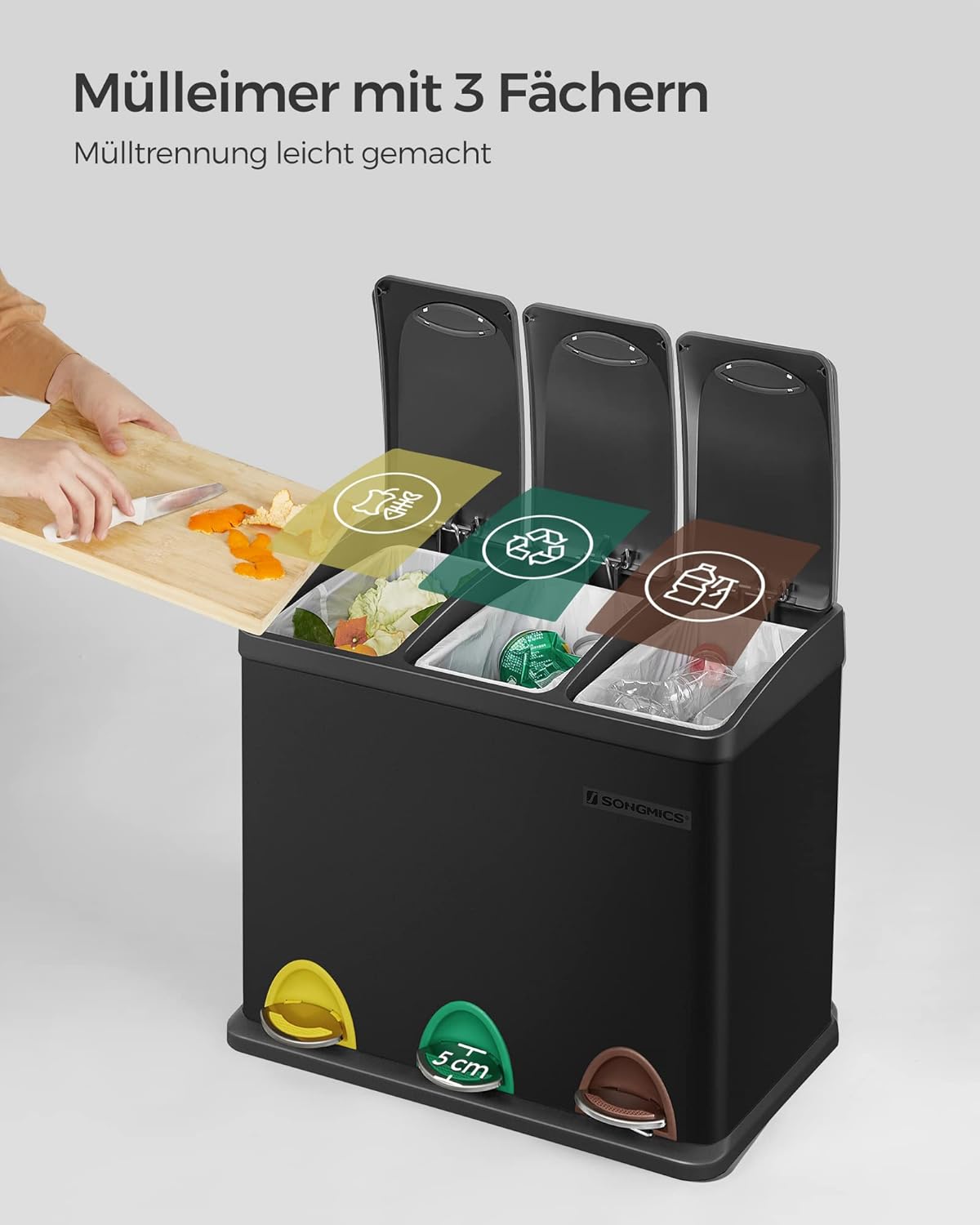 Mülleimer Küche 3x8L Mülltrennung Treteimer mit Deckel von Songmics