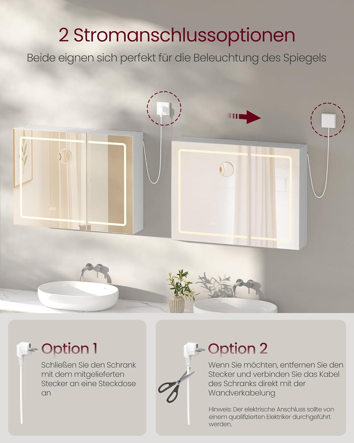 Spiegelschrank mit Beleuchtung und Steckdose 80 cm weiß von Songmics